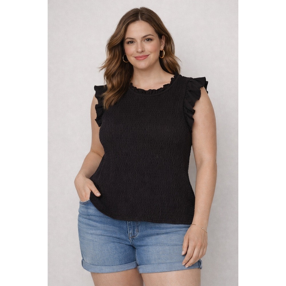 French Connection Black Smocked Ruffle Sleeve Top Women's L Cotton